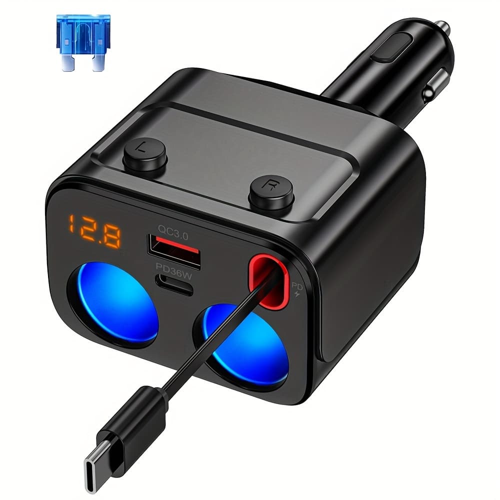 TEMU 180w Auto Car Lighter Splitter Retractable Charger With Qc3.0 And 36w Pd Port, 2 Car Lighter Socket With Voltage Display For Car/.