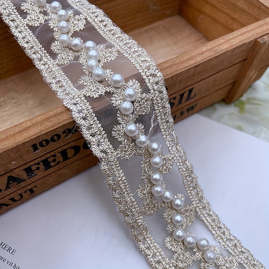TEMU 1 Yard Ethnic Style Beaded Lace, Organza Embroidered Pearl Lace, Diy Decorative Accessory