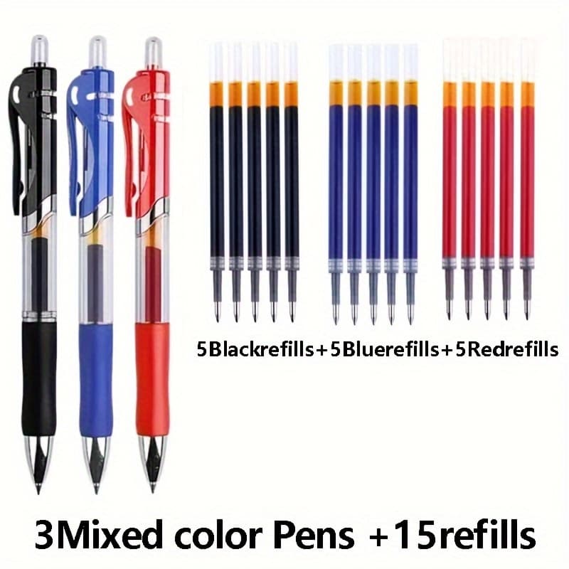 TEMU 18pcs Kawaii Gel Pen Set, Extra-fine Point 0.5mm, Retractable Plastic Balls, Round Body, Black/blue/red Ink, For School And Office Stationery