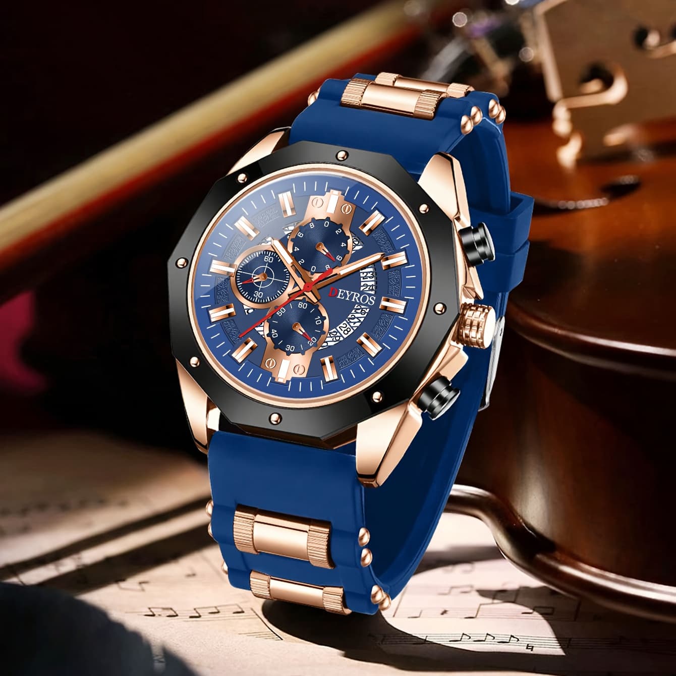 TEMU Men's Business Quartz Watch With Calendar | Durable Silicone Strap, Blue & Golden-tone Business Casual Watch, Ideal Gift For Him