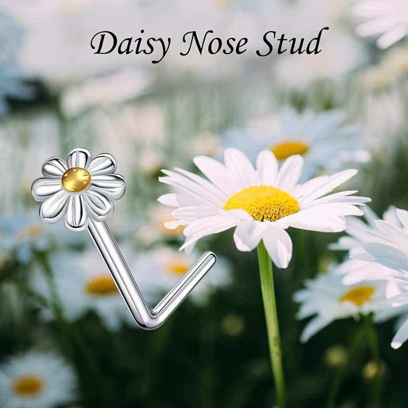TEMU An S925 Silver Exquisite Daisy Design Nose Stud With Inlaid Synthetic, Suitable For Daily Wear And Gifting, Hypoallergenic 0.16g