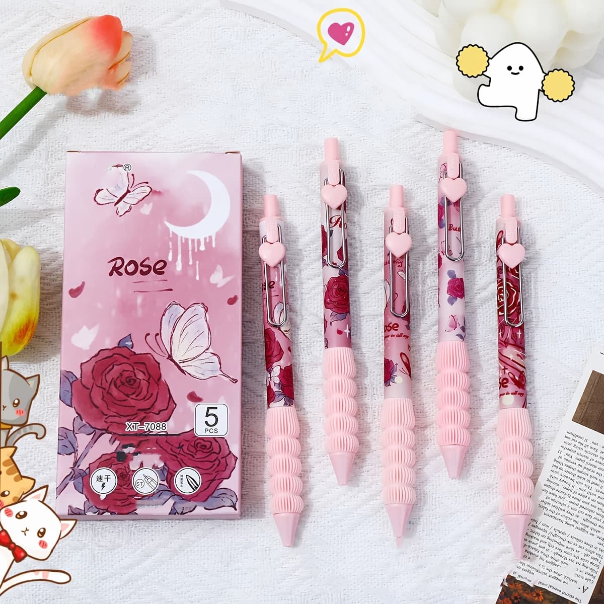 TEMU 5pcs Rose Pens, Romantic Girly Exam Practice Pens, St Quick-drying Click Black Pens, High-value Stationery For, Perfect Back-to-school And Valentine's Day Gift