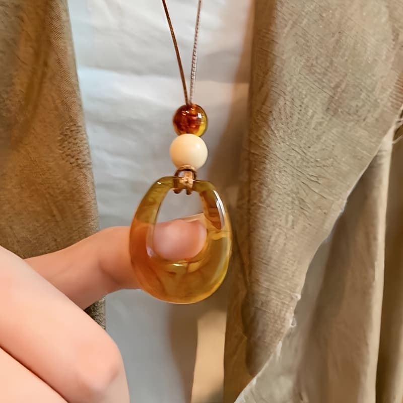 TEMU 1 Bohemian-style Long Hollowed-out Geometric Brown Resin Pendant Necklace, Elegant And , Suitable For Women' Wear, Banquets, And Vacations
