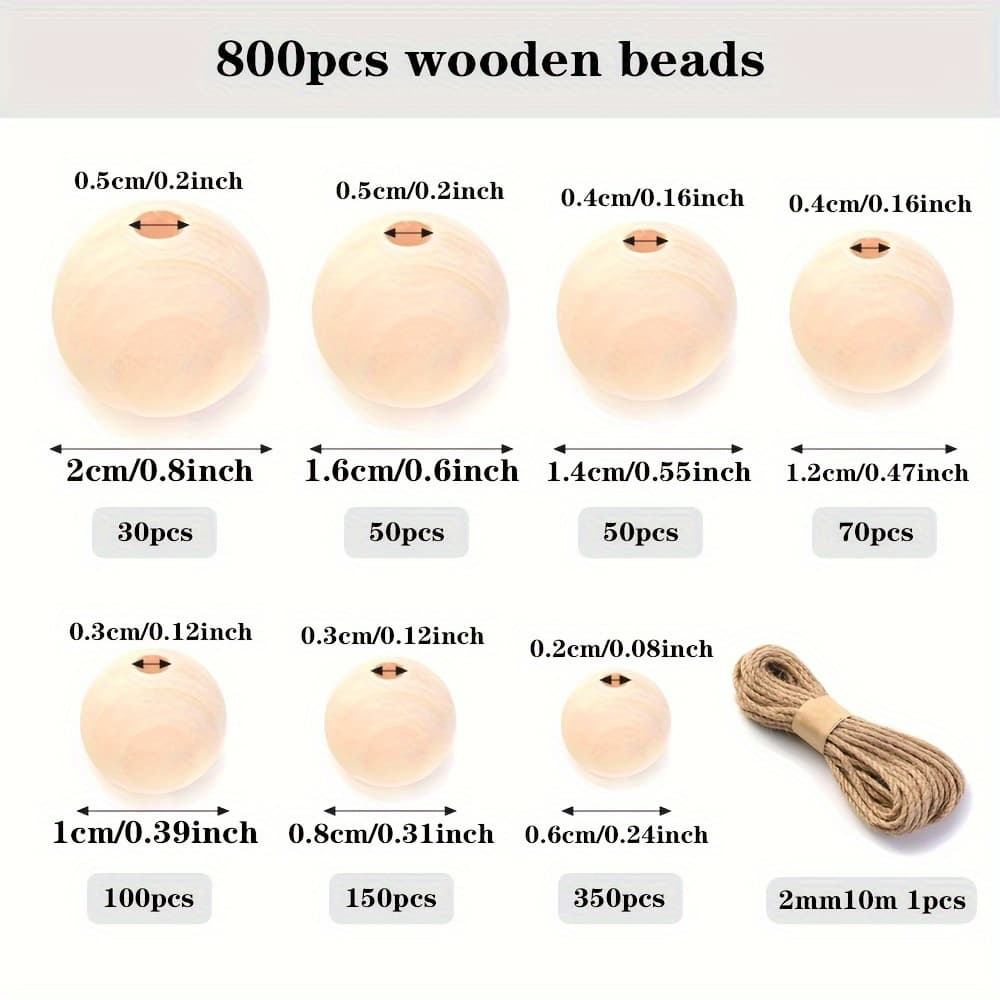 TEMU 800pcs Natural Wooden Beads Assortment With , 6-20mm Round Wood Beads For Jewelry, Crafts, Bracelets, Necklaces, Keychains - Halloween & Christmas Gift Beads
