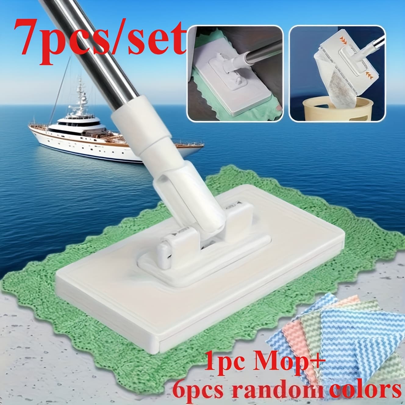 TEMU 7pcs/set (1pc Mop+6pcs Random Color Cloth) Hand Wash Free Lazy Mop For Wet And Dry Use, Reusable Press Clip Mop, For Kitchen, Bathroom, Window, And Floor, Marine Cleaning Tool