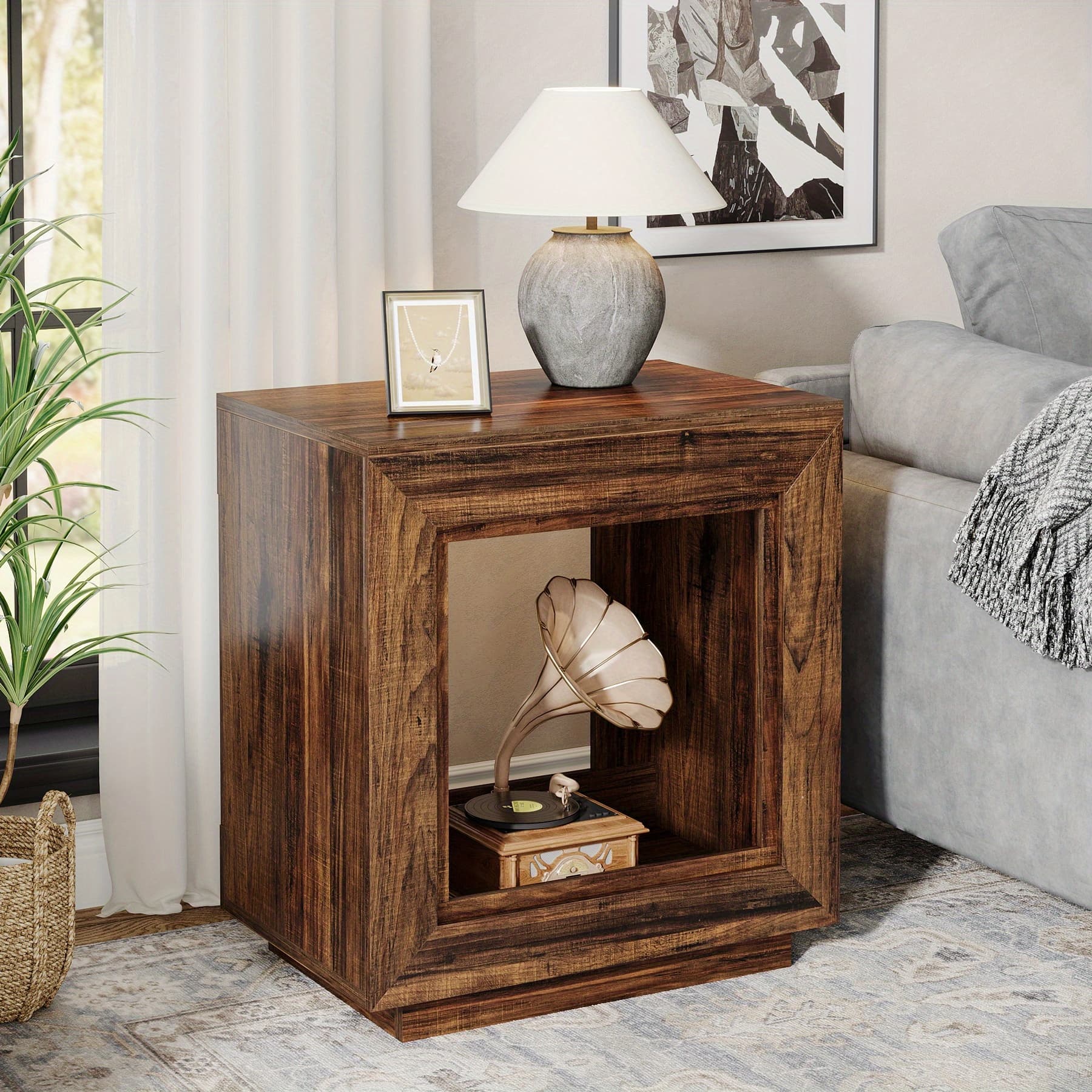 TEMU End Table With Storage, Wooden Square Side Table, Vintage Sofa Side Tables For Living Room, 2-tier Bedside Table For Bedroom, Table For Spaces, Storage Lockes
