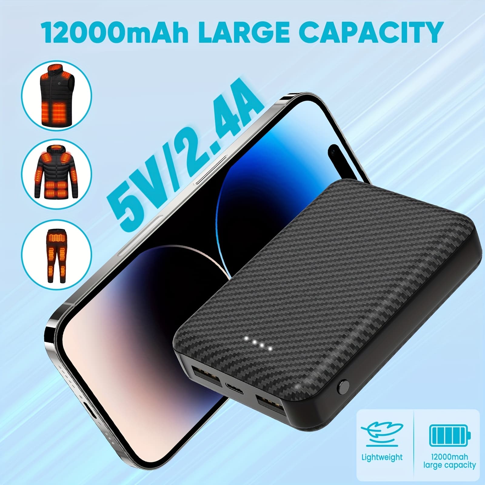 TEMU 12000mah Battery Pack For Heated Vest - Power Bank For Heated Jacket And Heated Hoodie, Usb C Portable Charger Powerbank Compatible With Smartphones, Tablets Etc