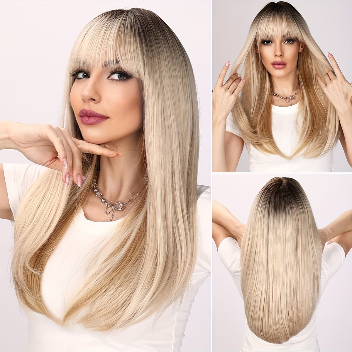 TEMU 22 Inch Natural Bangs Straight Hair Wig Suitable For - Synthetic Fiber Golden Blonde Suitable For Daily Wear, Parties, Weddings & Photo Shoots - Natural Look Wig With Coverage For Scalp