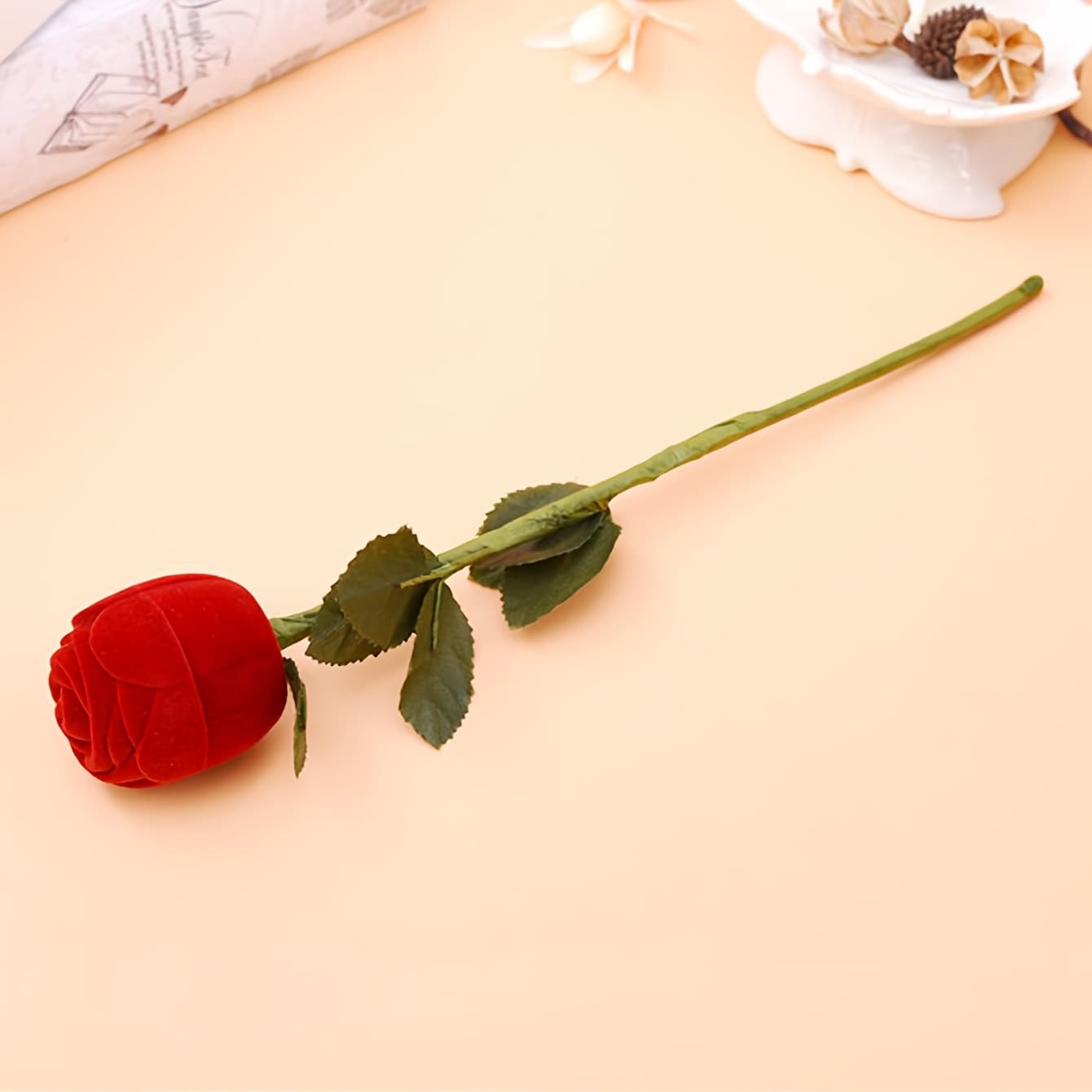 TEMU 1pc Rose Flower Head With Branch Ring Box Exquisite Stud Earrings Velvet Flocked Proposal Rose Flower Ring Box, Jewelry Boxes