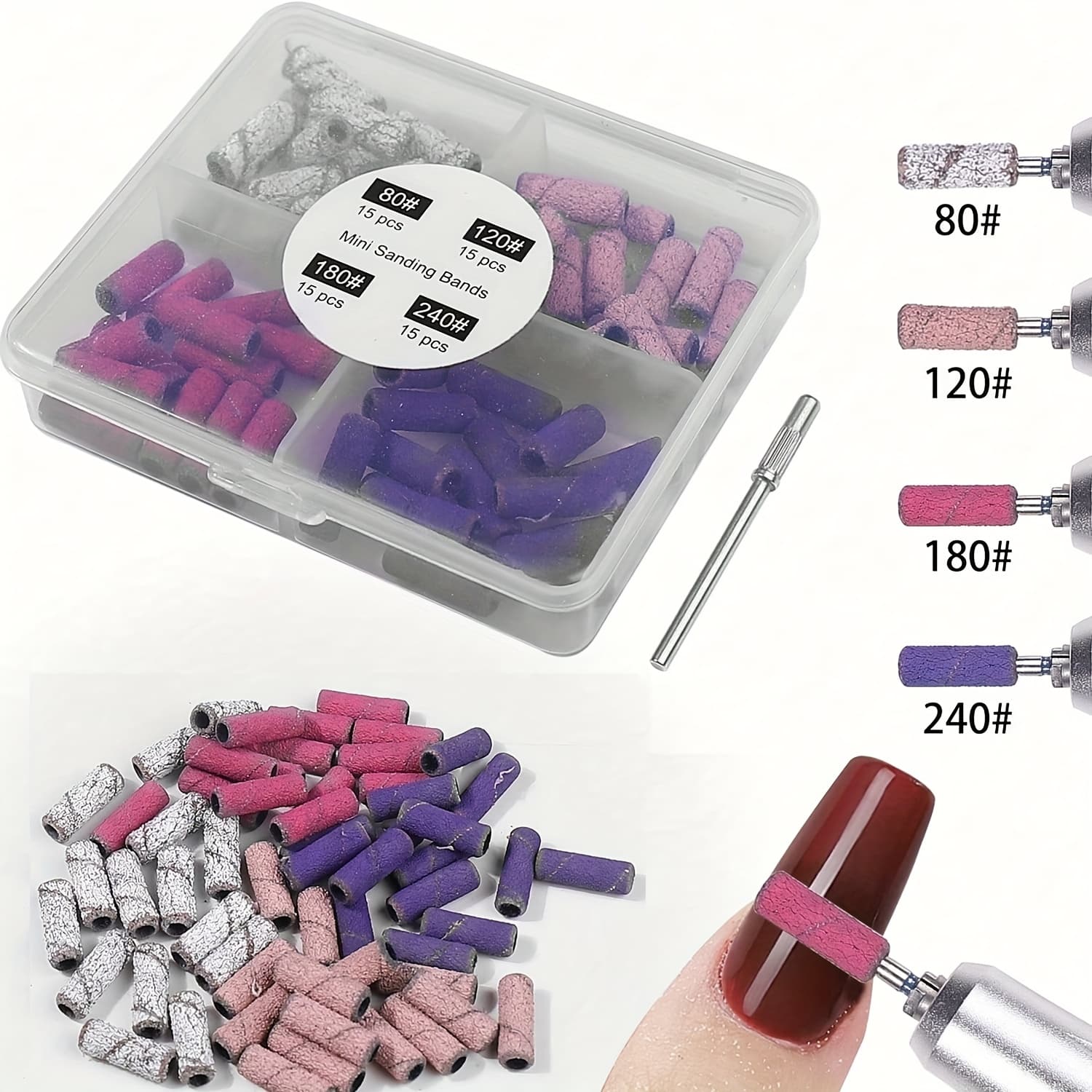 TEMU 60pcs Sanding Bands 4grits With 1pc Mini Nail Art 3mm Mini Grinding Sand Ring Bands Set Electric Grinding Machine Nail Grinding Head Nail