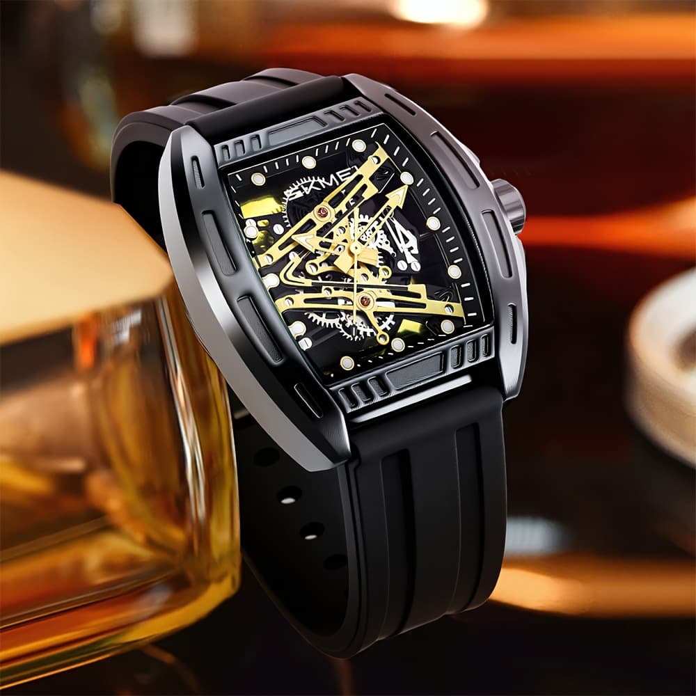 TEMU Mei Fashion Men's Hollow Dial -shaped Night Light Waterproof Silicone Strap Men's Quartz Watch