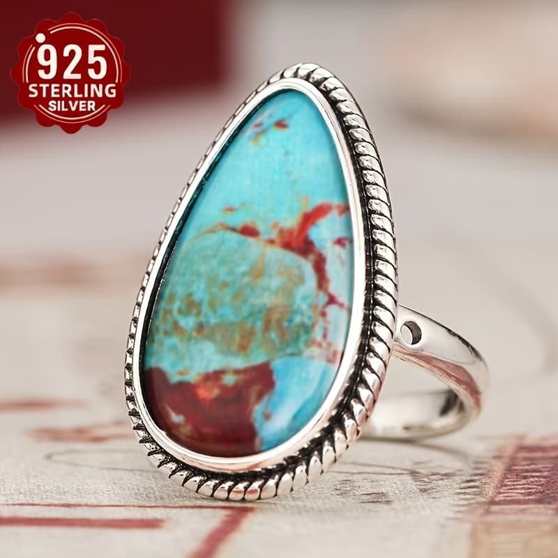 TEMU S925 Drop Retro Relief Turquoise Ring | Ideal For Travel, Holiday Gatherings, Casual Wear, Perfect Gift For