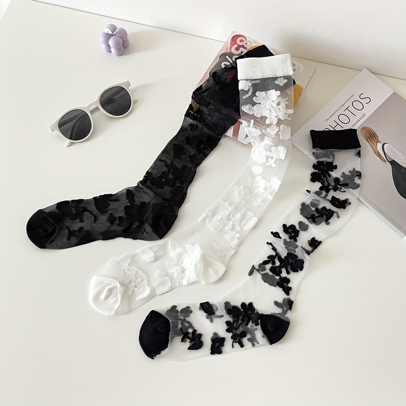 TEMU 3 Pairs Of Spring And Lace Glass Calf Socks Women's Retro Floral Stockings Pile Socks Japanese Women's Socks