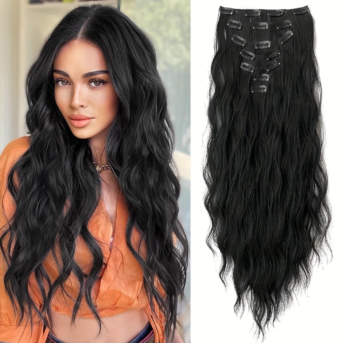 TEMU Clip In Hair Extensions, Women's Hair Extensions Thick Layered Hair Extensions Long Straight Hair 62 Cm Clip In Hair Extensions Weft Hair Extensions Clip, , 16 Clips,
