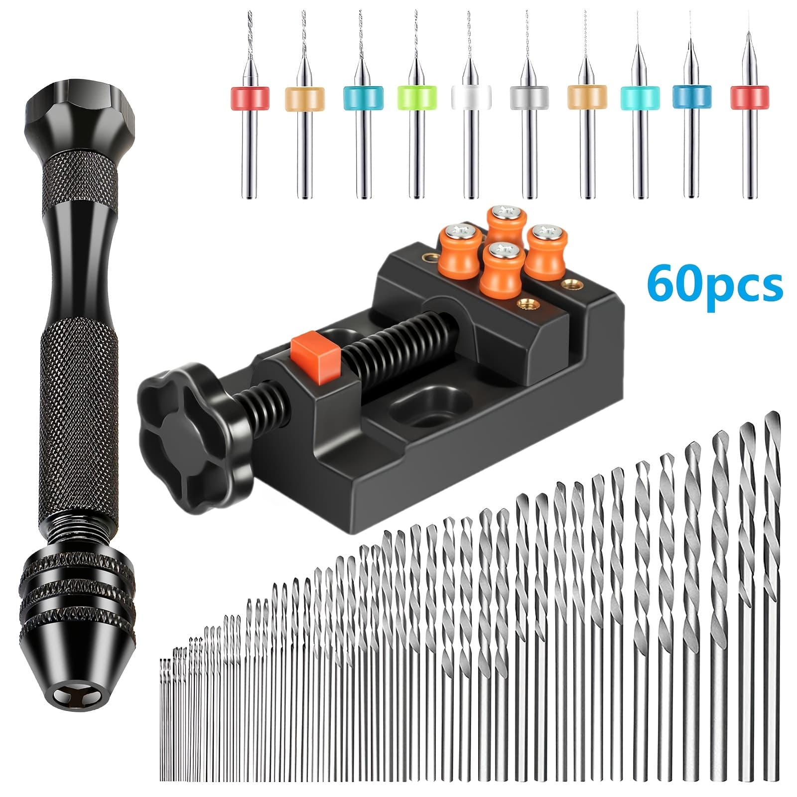 TEMU 60pcs Hand Drill Tool Set, Pin Vise Hand Drill, Miniature Drill Mini Twist Drill Bit, For Polymer, Wood Crafting, Carving