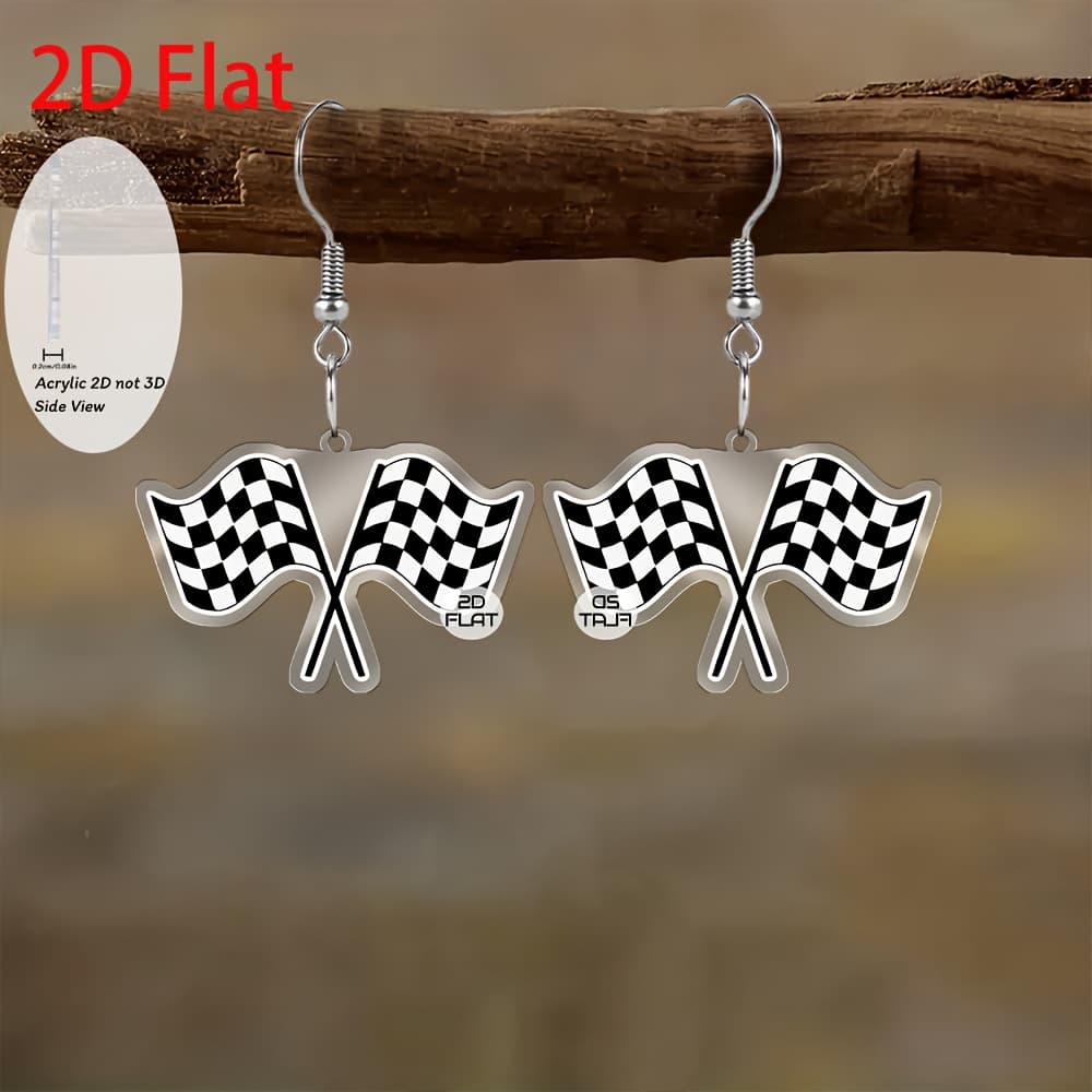 TEMU 2d Flat, 2d Flags Dangle & Pendant Earrings Suitable For Parties, Daily Wear - Elegant Jewelry Gifts With Racing Symbols (checkered, Flags), 2d Flat