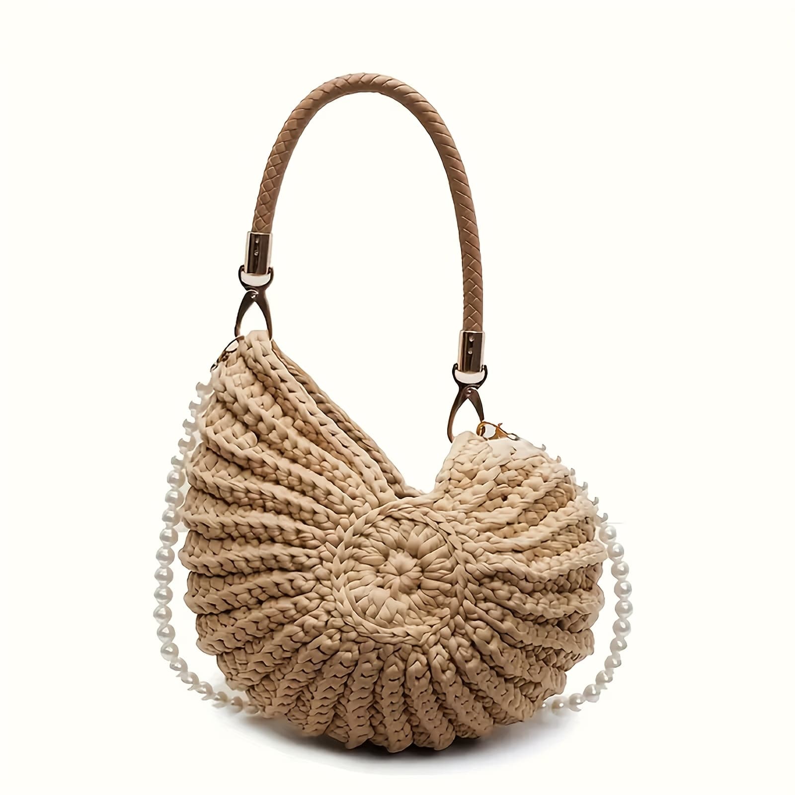 TEMU Shell Tote Bag With Chain Strap - Large Capacity Bohemian Beach Bag For Women, Beige Handbag For Casual And Beach Trips, Durable , Beach Bag Accessories, Beach Travel Accessories, Bohemian Style
