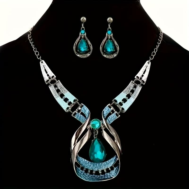 TEMU 1set Fashion Glitter Water Drop Shape Shiny Gemstone Elegant Pendant Necklace & Stud Earrings Jewelry Set For Gift