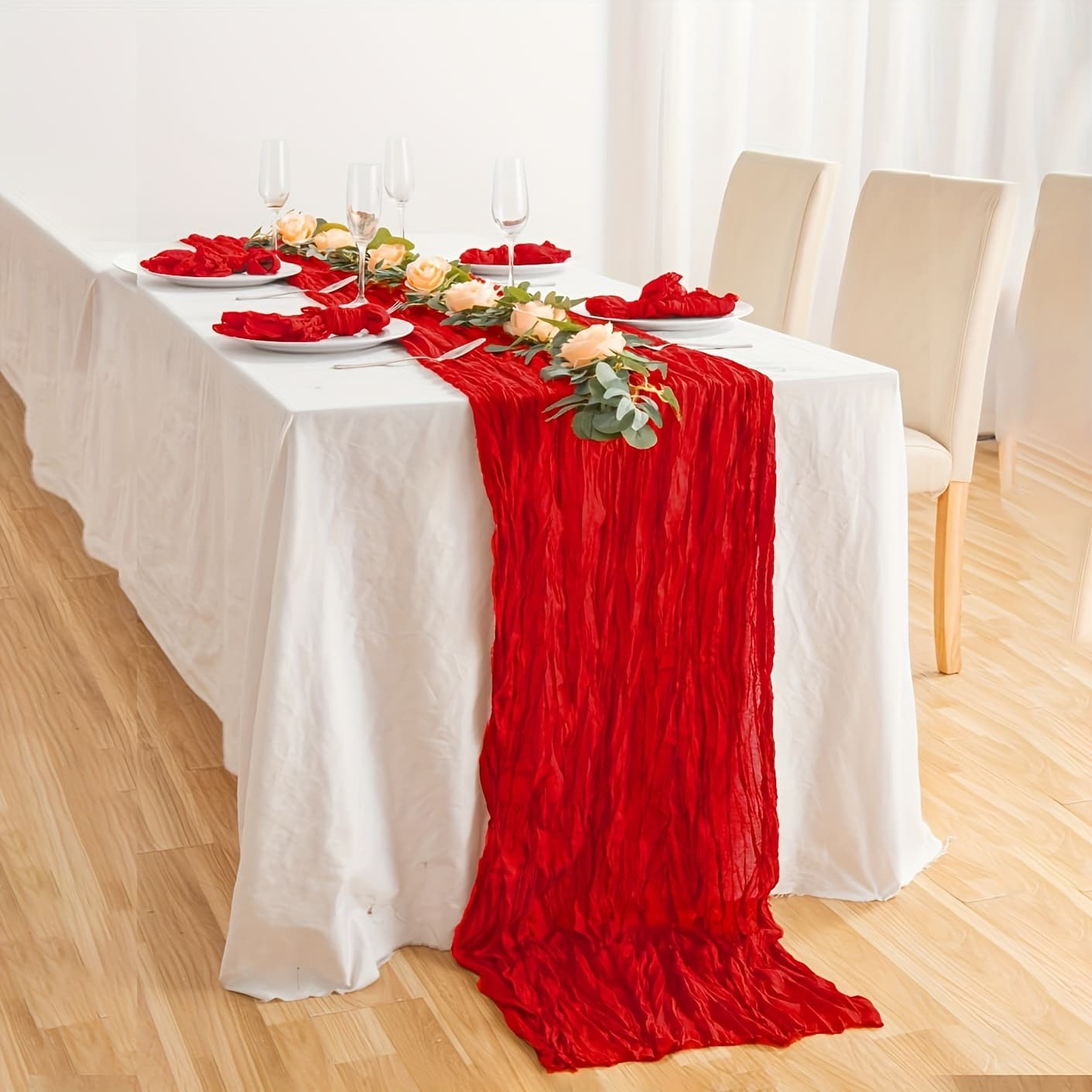 TEMU Chic Red Cheese Cloth Table Runner - 3 Meters Long, Suitable For Wedding, Birthday, Valentine's Day And Christmas Decorations