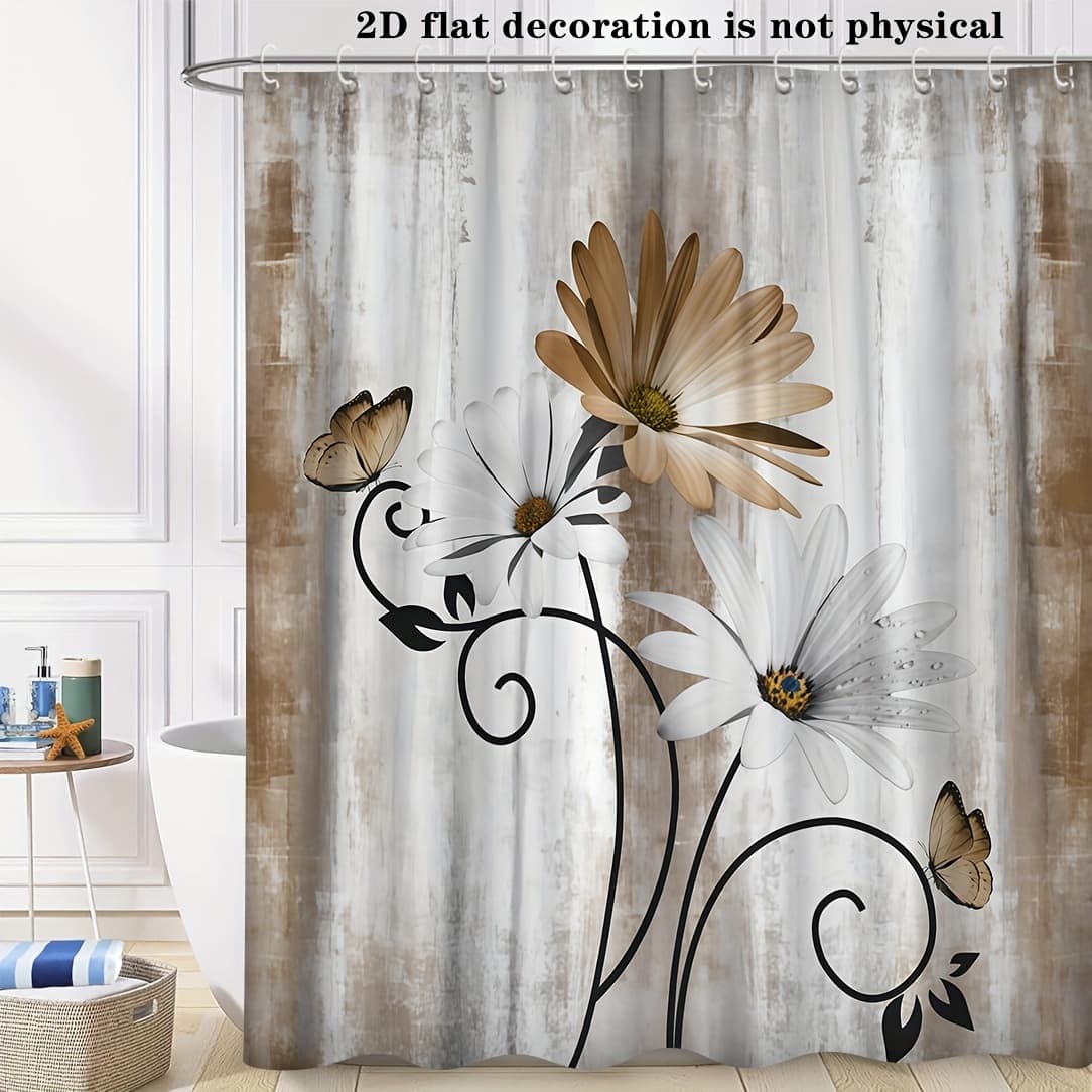 TEMU 2d Flat, 2d Flat, 2d Flat Banner Rustic Farmhouse Shower Curtain - Farm Tan Cream Daisy Floral Flowers And On Country Background For Bathroom, Beige Brown With 12 Hooks, 70.8x70.8inch