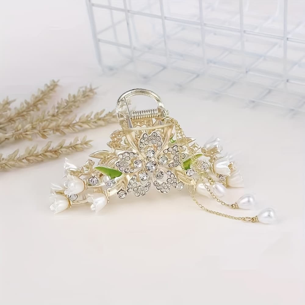 TEMU Elegant Large Floral & Hair Claw With Pearl Tassel - Alloy, Clip-on For Updos, Hair Clips