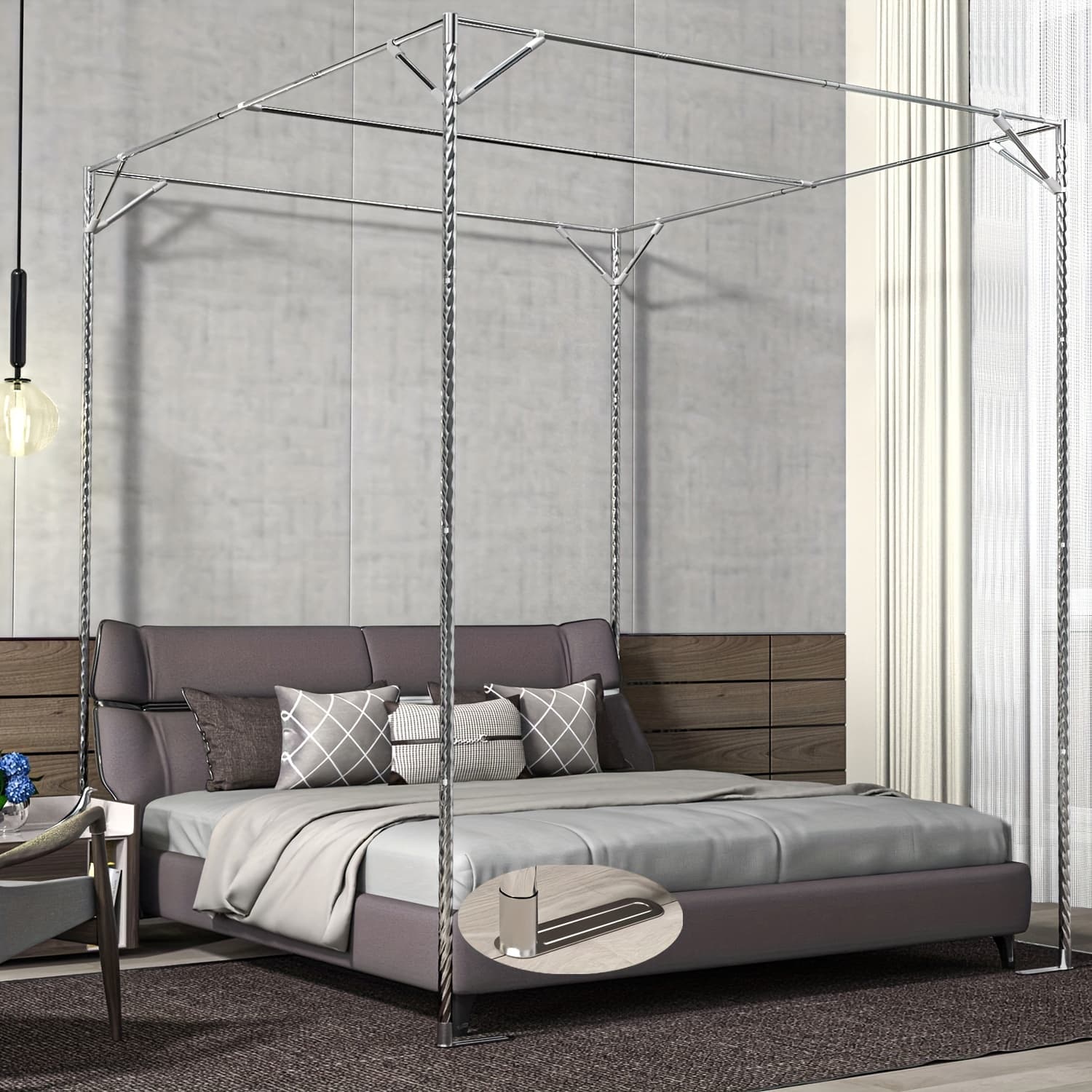 TEMU Elegant Stainless Steel Adjustable Canopy Bed Frame - Versatile For Twin, Full, Sizes - Thick Frame Bracket Perfect For Metal Or Wood Beds With - For Modern Bedroom Decor, Bed Accessories