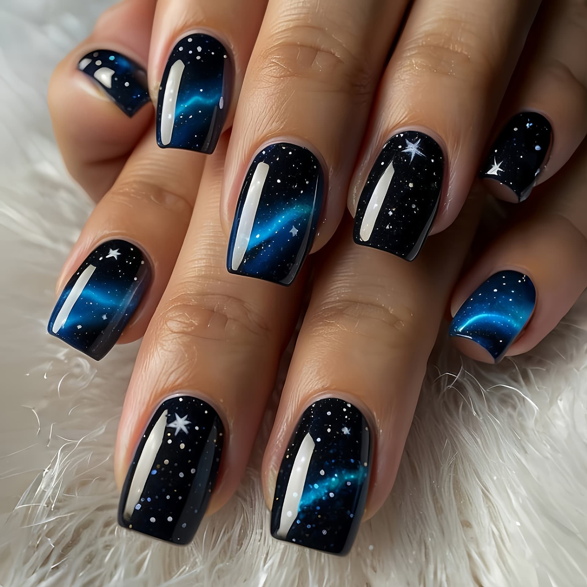 TEMU Look 24pcs Medium-short Starry Sky Pattern Nail Art Kit With Glue-on Tips, Removable Gel Nails, And Nail File