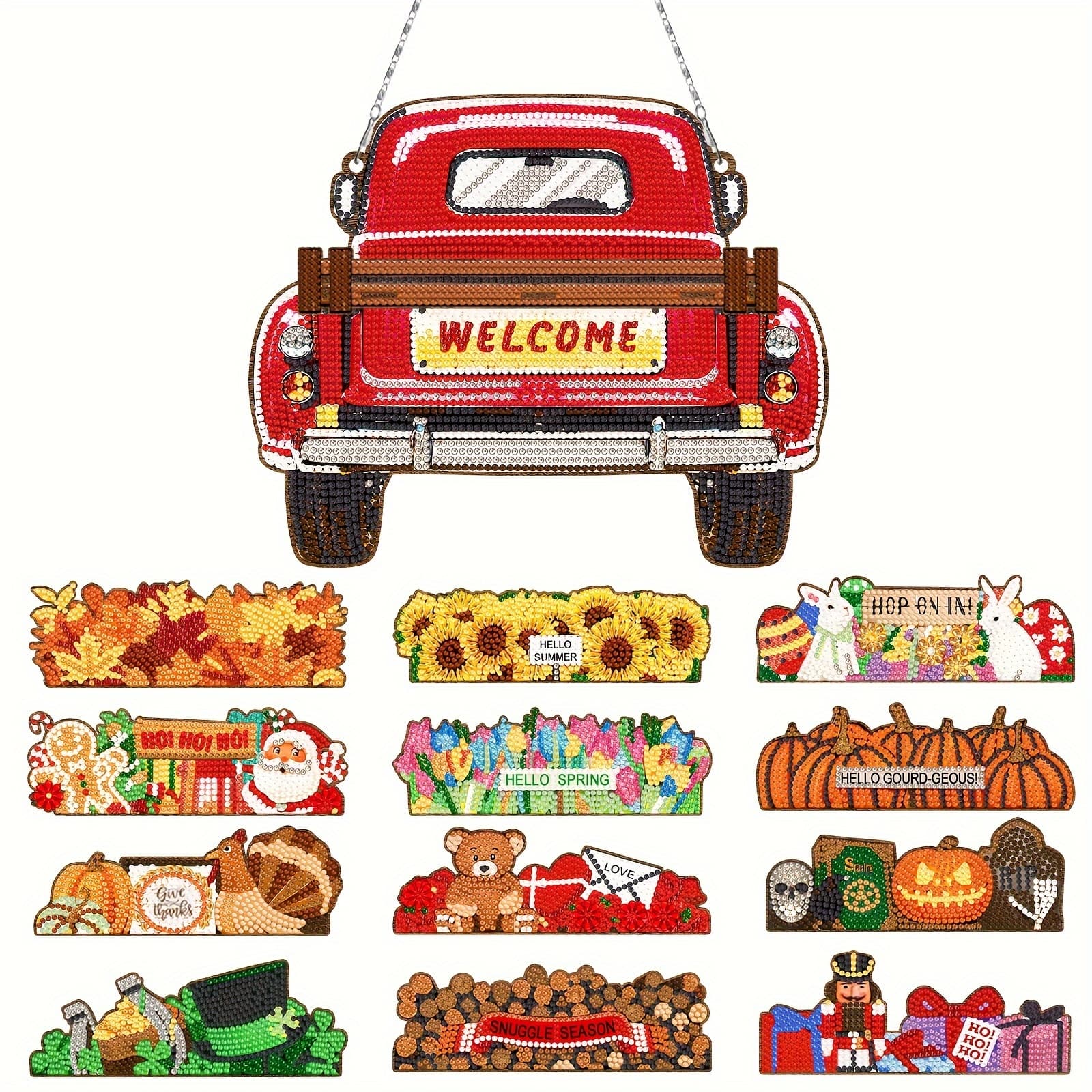 TEMU 13pcs Diamond Painting Welcome Sign Interchangeable Seasonal Decoration Red Car Shape Diamond Painting Diy Kit Valentine's Day Christmas Diamond Painting Suitable For Wall Home Farmhouse Fence