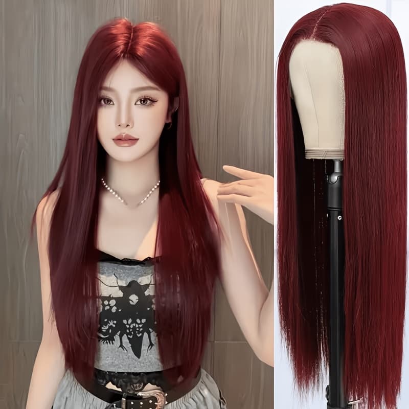 TEMU 26-inch Women's Wine-red Straight Hair Wig Suitable For - High-density -resistant Synthetic Fiber Wig With Button Net, Natural Look For Daily Wear, Parties, For, Valentine's Day & -