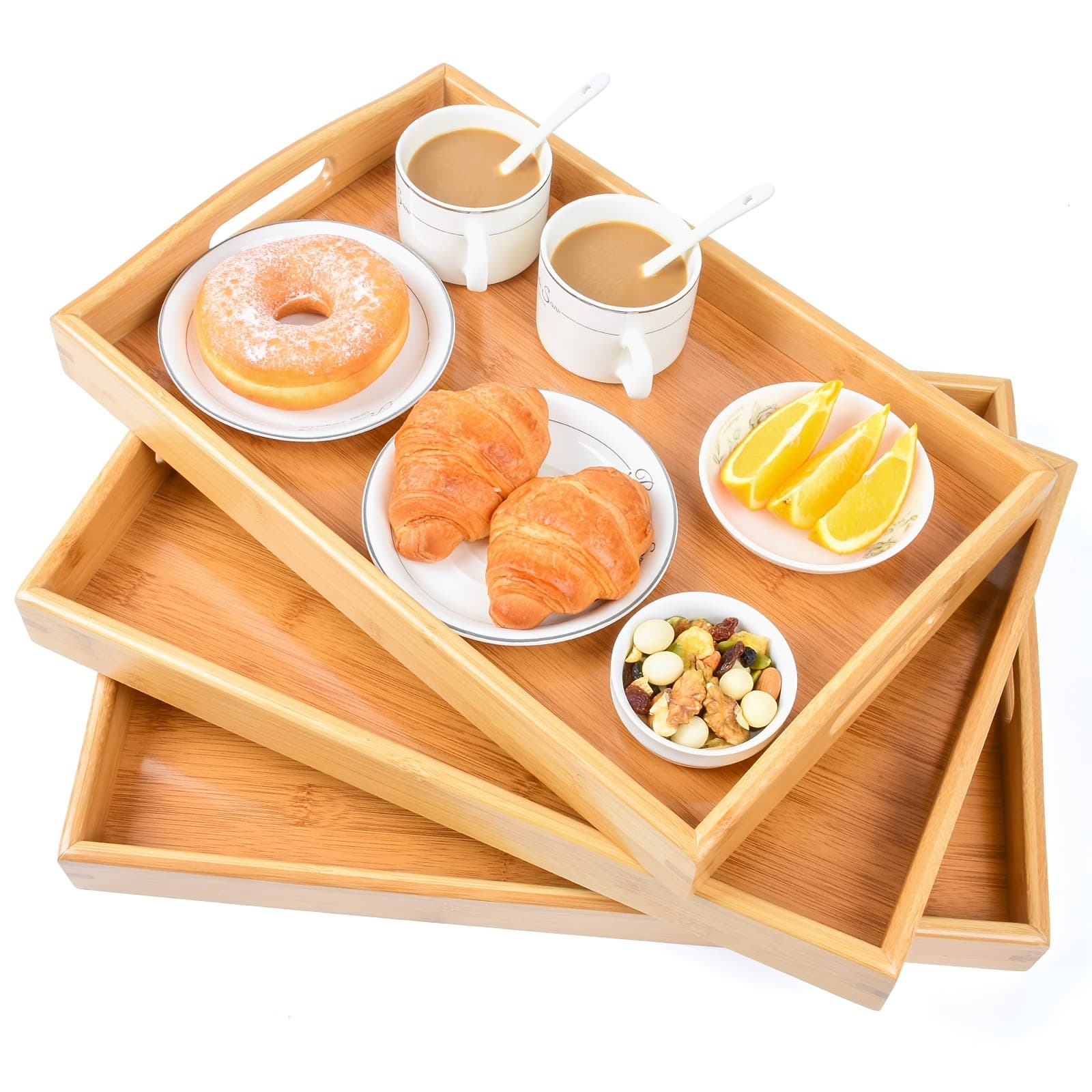 TEMU Tray Rustic Wooden Serving Bamboo 3pcs Serving Trays Kitchen Food Tray With Handles Serving Platters Tray Great For Dinners Party, Tea Bar, Table Breakfast Snack, Home Decor