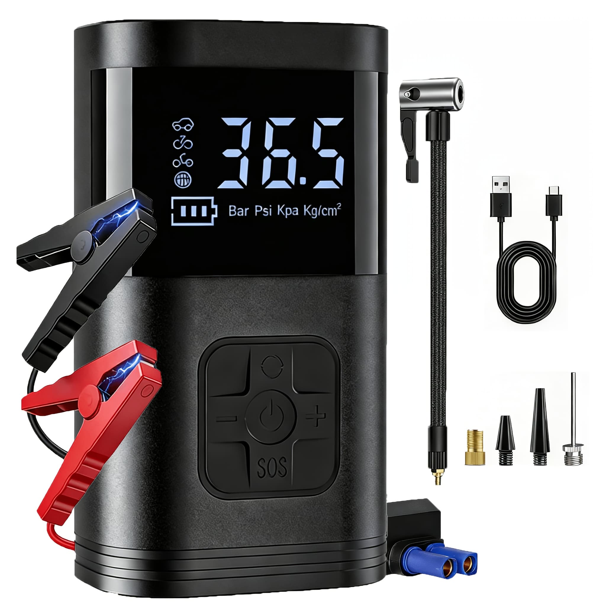 TEMU Car Emergency Jump Starter, With Air Compressor And Tire Inflator, Lcd Display, 3-mode Flashlight, Usb Outputs, Suitable For Cars, Motorcycles, Trucks, Suvs, Boats, Rvs, Emergency Battery