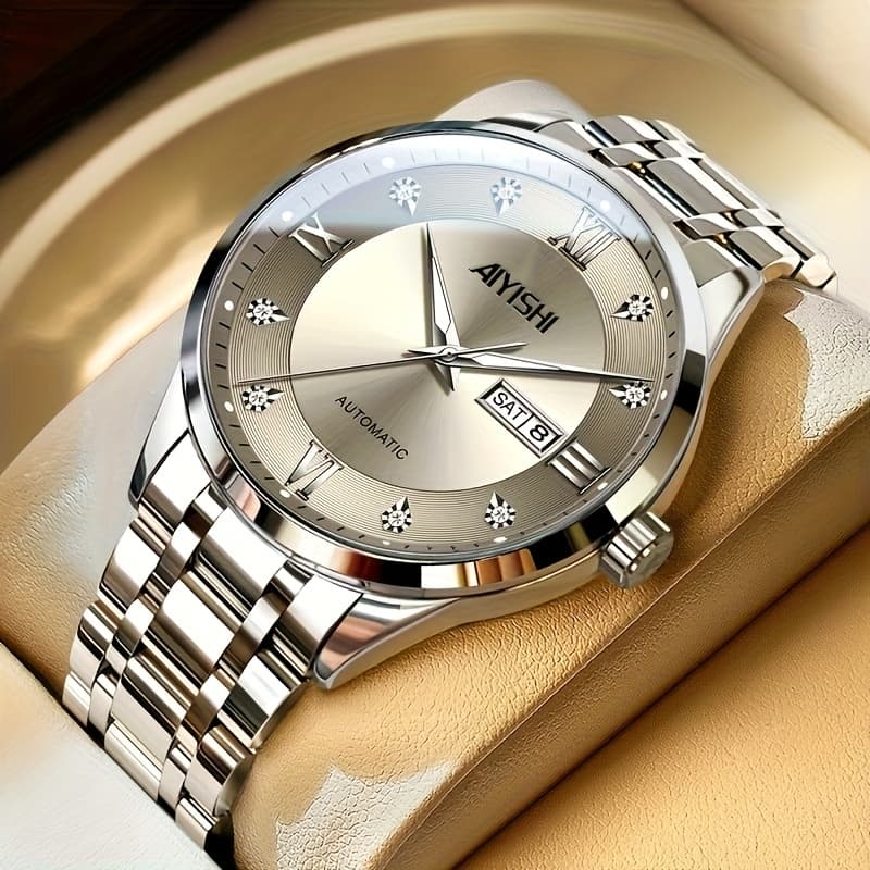 TEMU Aiyishi Men's Quartz Watch Stainless Steel Luxury Sports Men's Watch Tourbillon Calendar With Night Light Leisure Men's Father's Day Gift, Aiyishi