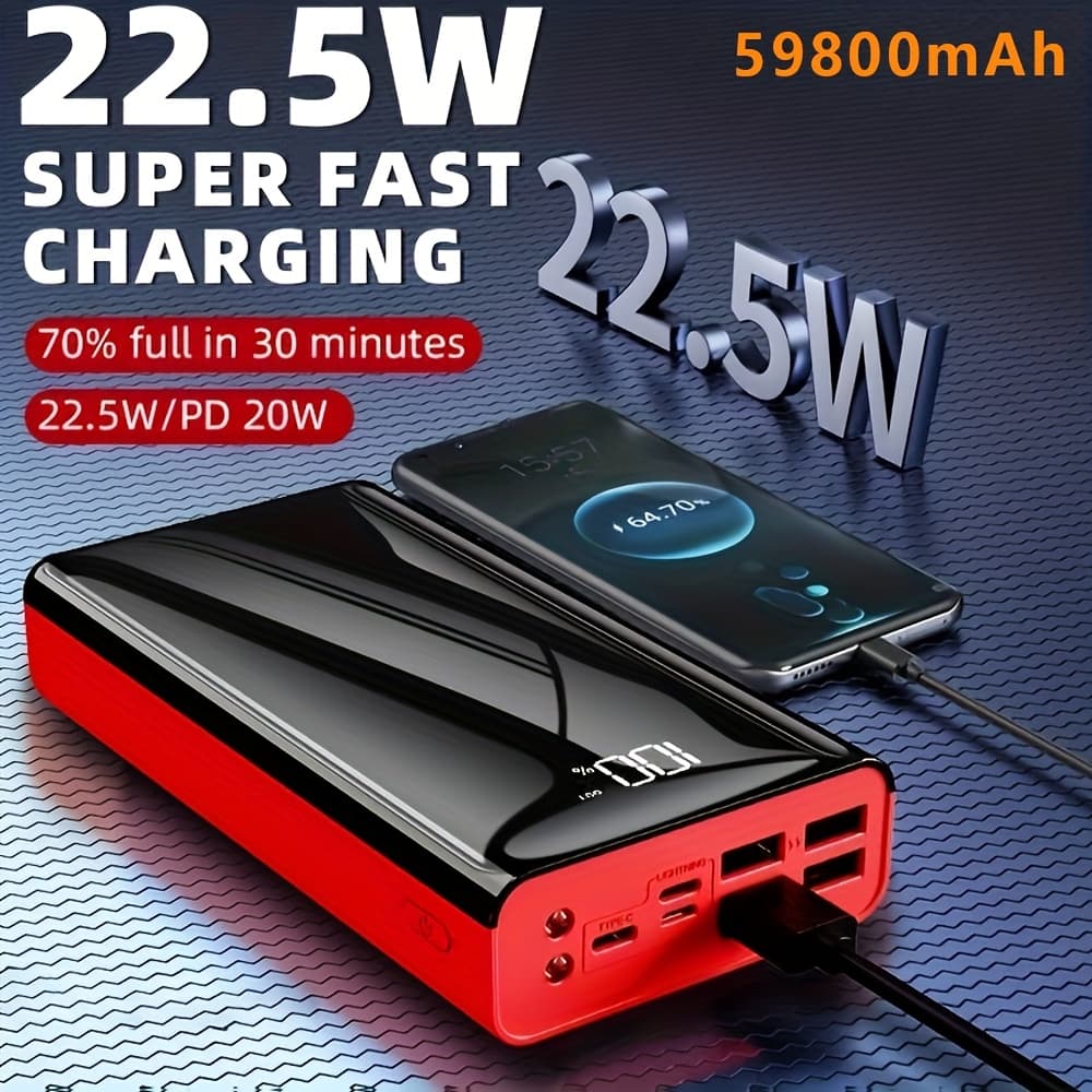 TEMU Power Bank With A Capacity Of 30000mah/59800mah That Supports Fast Charging, Features A Lighting/ Indicator, Includes 4 Usb Ports And Type-c Ports