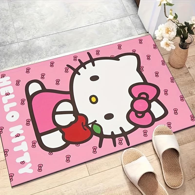 TEMU 1pc Flannel Cartoon Hello Kitty Ins-style Rug - Featuring Hello Kitty Design, With A Rubber Backing, Cute Girly Bedroom Decor Bedside Rug, Full-area Living Room Crawling Carpet Mat