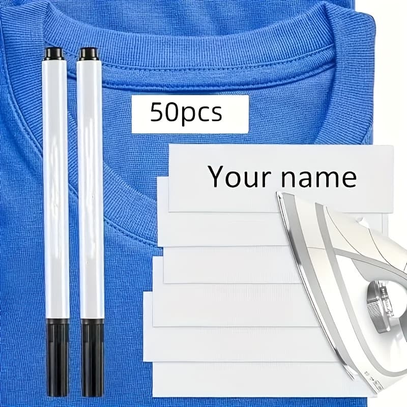 TEMU 50pcs Iron On Clothing Labels Precut Fabric Personalized Name Tags With 2pcs Permanent Marker For Nursing Home Uniforms