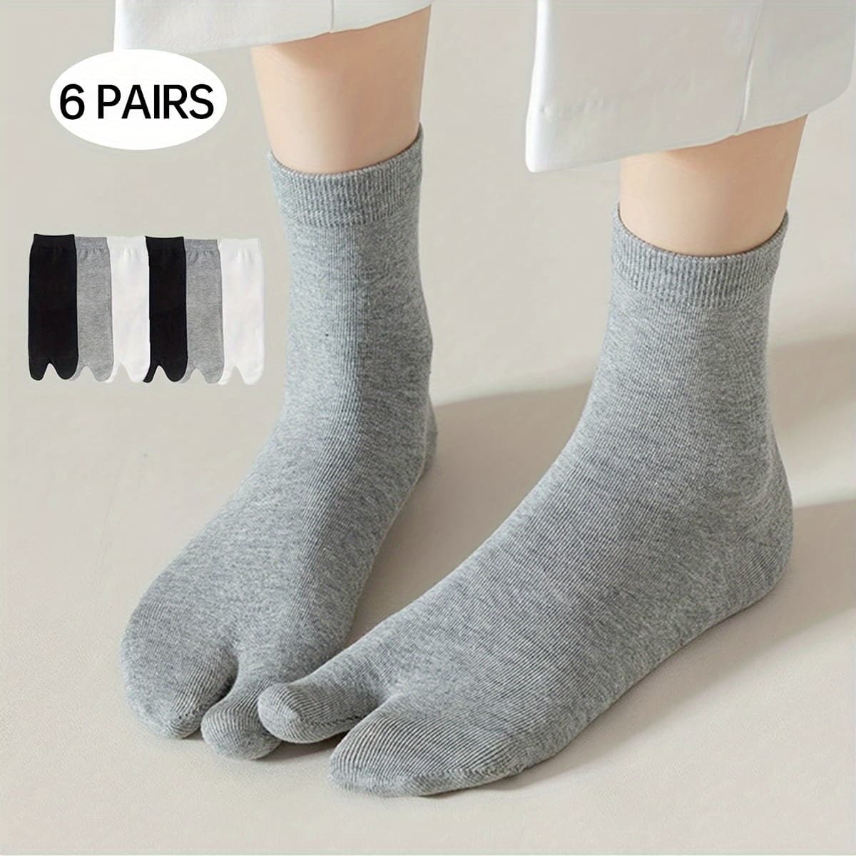 TEMU 3-pair/6-pair Women's Toe Separator Socks In Black, White, And Gray, Versatile Heelless Two-toe Socks, Japanese-style Trendy Mid-calf Socks, Socks