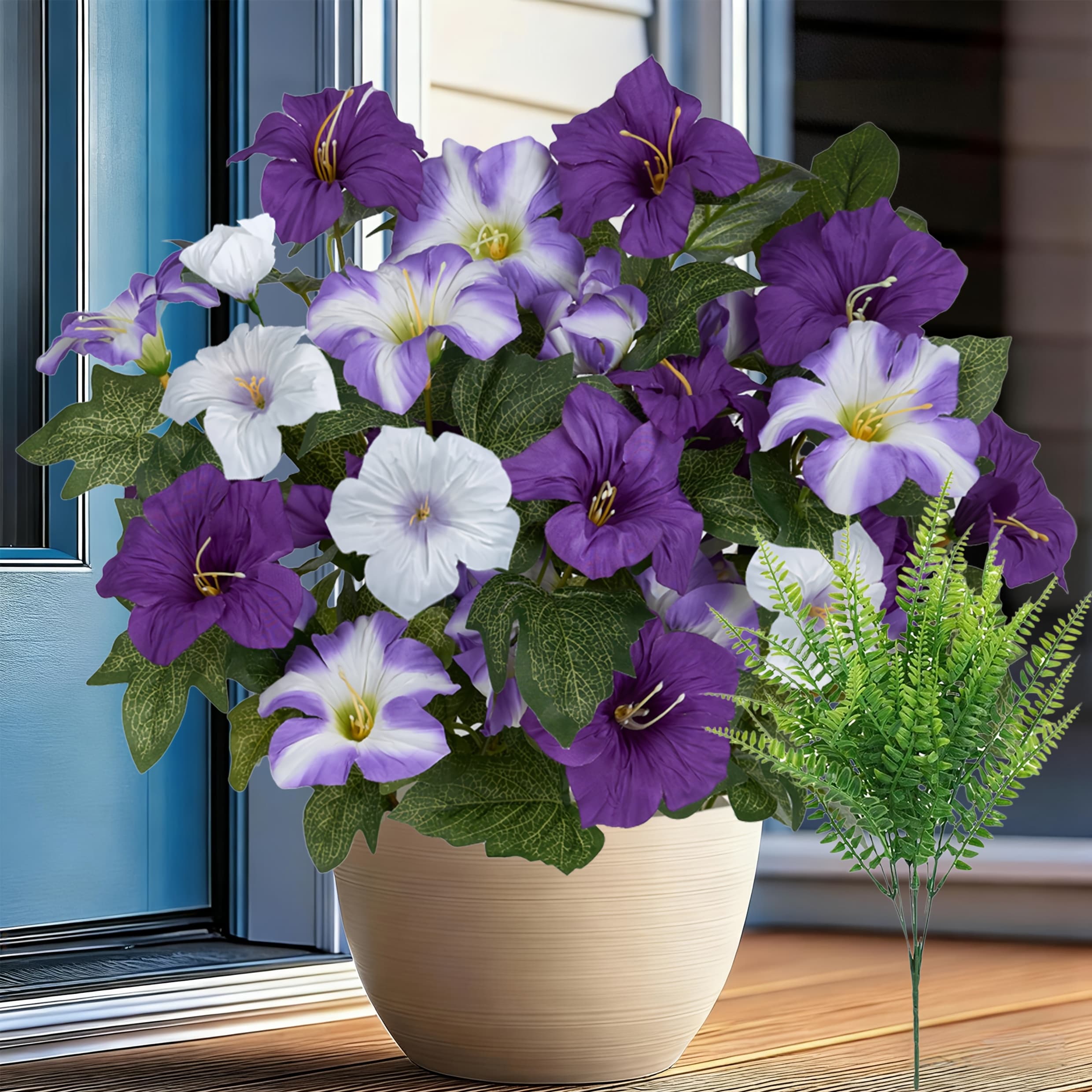 TEMU 19 Inch Artificial Fake Flowers For Outdoor, 2pcs Faux Petunias Spring Flowers +1 Persian Grass For Outside For Indoor Porch Planter Front Door Garden Patio Window Box Home Decor(double Purple)