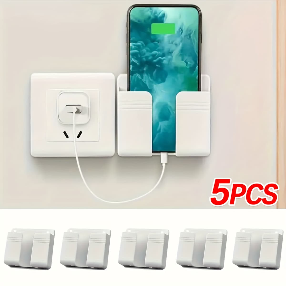 TEMU 5pcs Wall Mount Phone Holders With Strong Adhesive, Adhesive No Drill Mount, Space Saving Organizer For Bedside, Shower, Kitchen, Bathroom, Rv, Boat, Gift Must Have Accessories