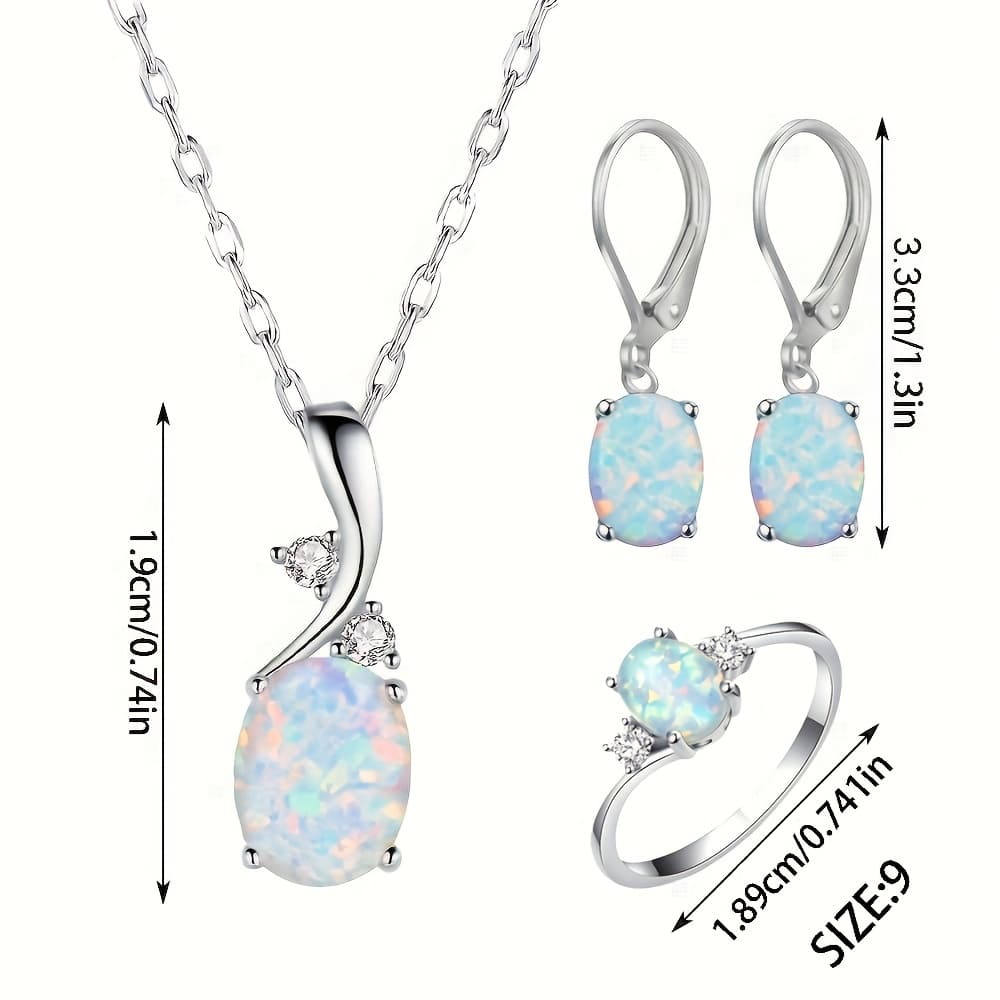 TEMU 4pcs Set 925 Silver Elegant Water Drop Opal Pendant Necklace Earrings And Ring Women's Additions Party Jewelry Set