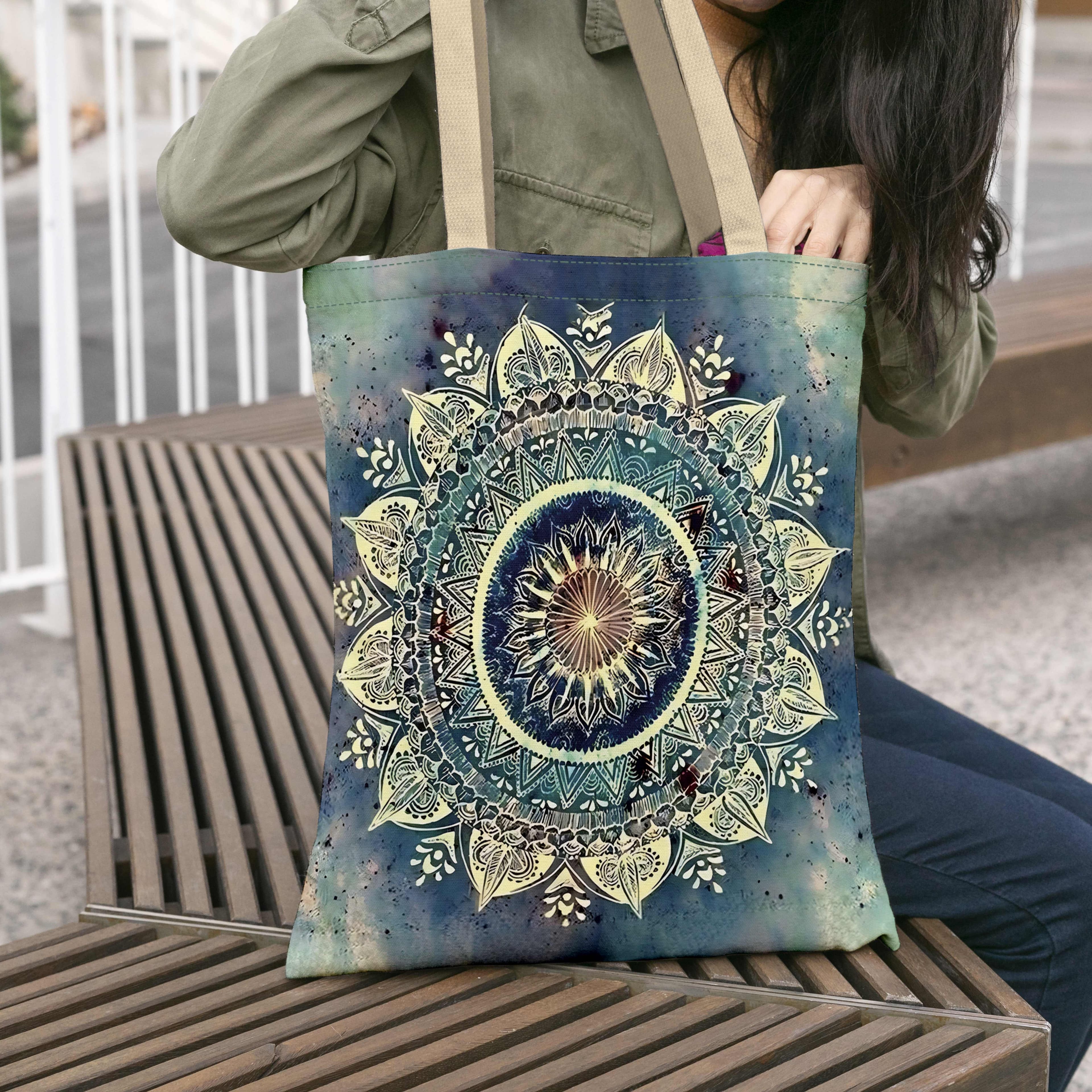 TEMU Mandala Pattern Canvas Tote Bag, Bohemian Style Aesthetic Casual Shoulder Bag, Perfect Fashion Reusable Shopping Bag