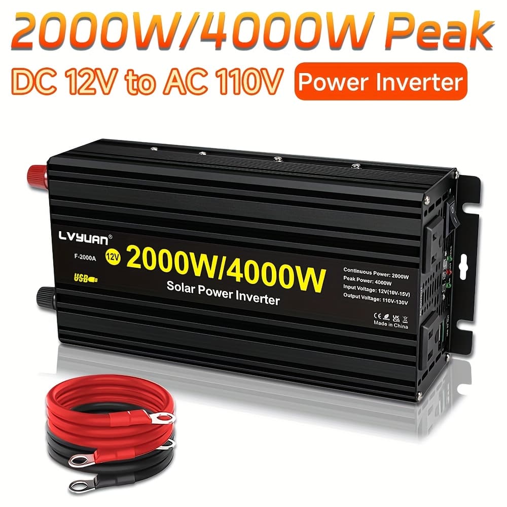 TEMU Lvyuan 2000w/4000w / 12v To Ac 110v/130v Car Power Inverter With Led, 2000w With 2 Us Sockets 2 Usb Ports For Auto, Vehicle, Rv, Outdoor, Home