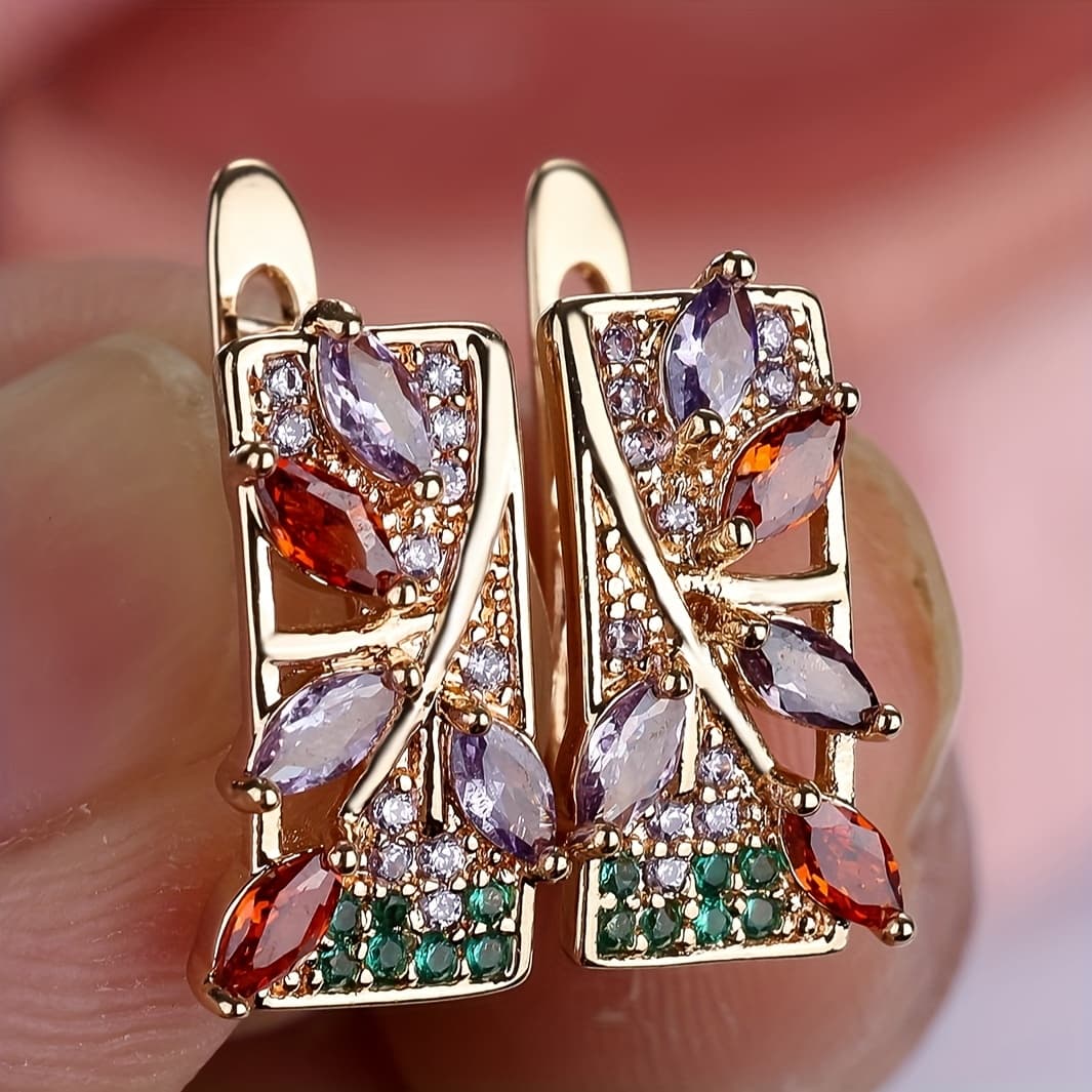 TEMU 1 Pair Luxury Golden Color Flower Drop Earring Colorful Zirconia Earrings Fashion Bridal Wedding Jewelry