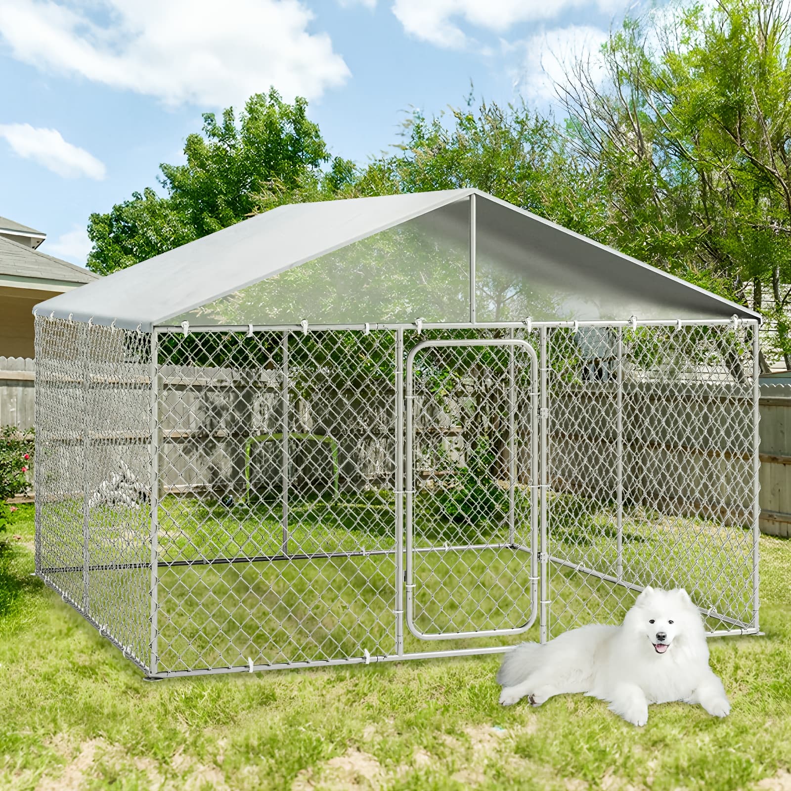 TEMU Outdoor Dog Kennel, Large Dog Run Enclosure, Outside Heavy Duty Dog Pens House Pet Playpen With Galvanized Chain Link Waterproof Cover And Secure Lock (10 X 10 X 6ft)