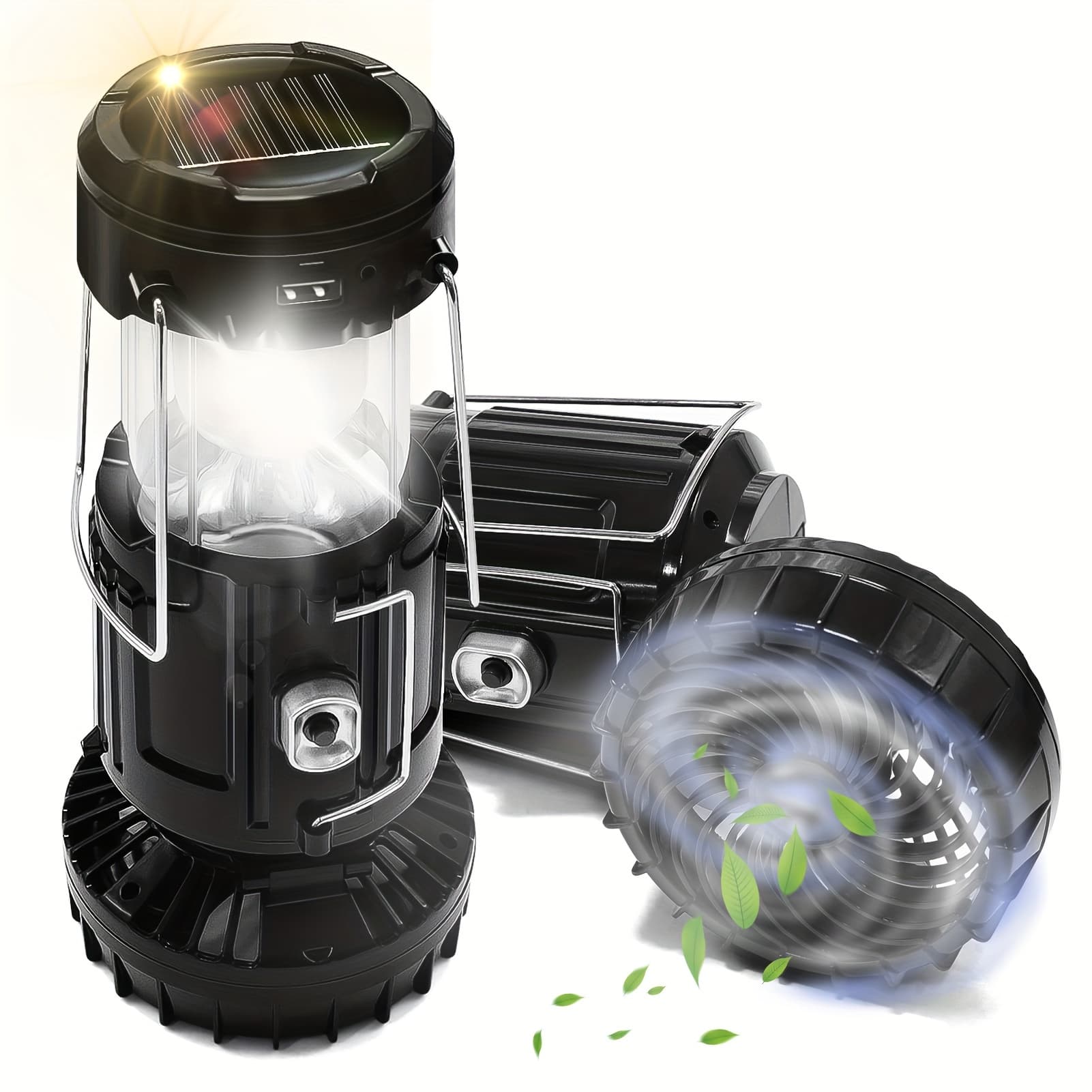TEMU 1-pack Solar Powered Camping Fan W/ Lantern, Collapsible Solar Powered Usb Rechargeable & Battery Powered Emergency Hanging Lights For Summer Camping, Office, School, Garden, Hiking