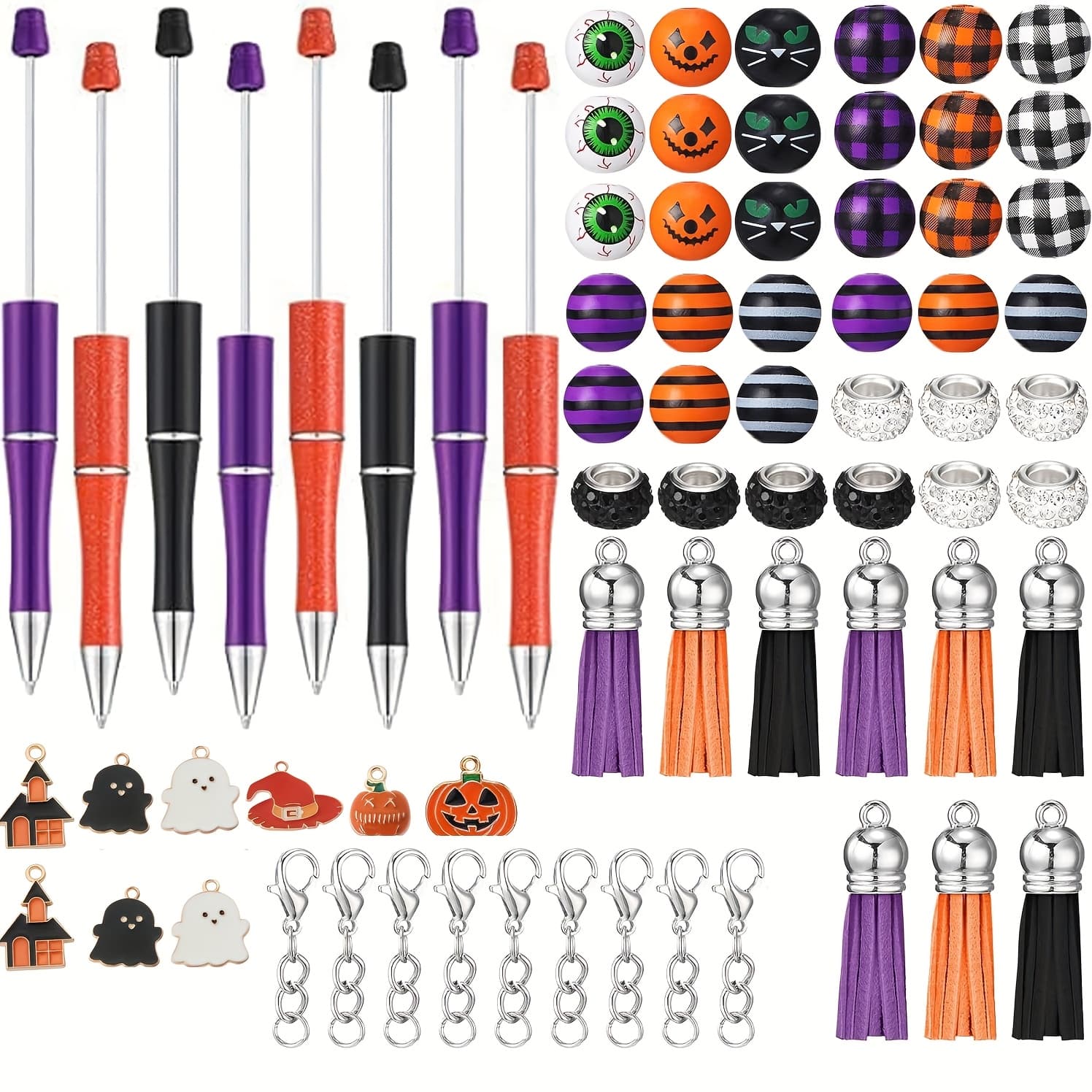 TEMU 72pcs Halloween Bead Pen Set, Including 9 Bead Pens, 9 Halloween Pendants, 36 Beads, 9 Tassels, And 9 Lobster Chains, Diy Pen Making Kit, Handmade Beads For Office And School Use