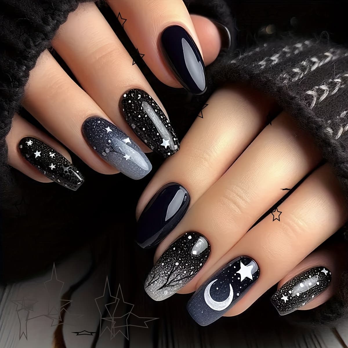 TEMU Women's Black And Gray Ombre Ballet-shaped Medium-length Nail Stickers With Night Forest, Stars, And Moon . Shiny Nail Stickers Suitable For Wearing In Autumn And Winter