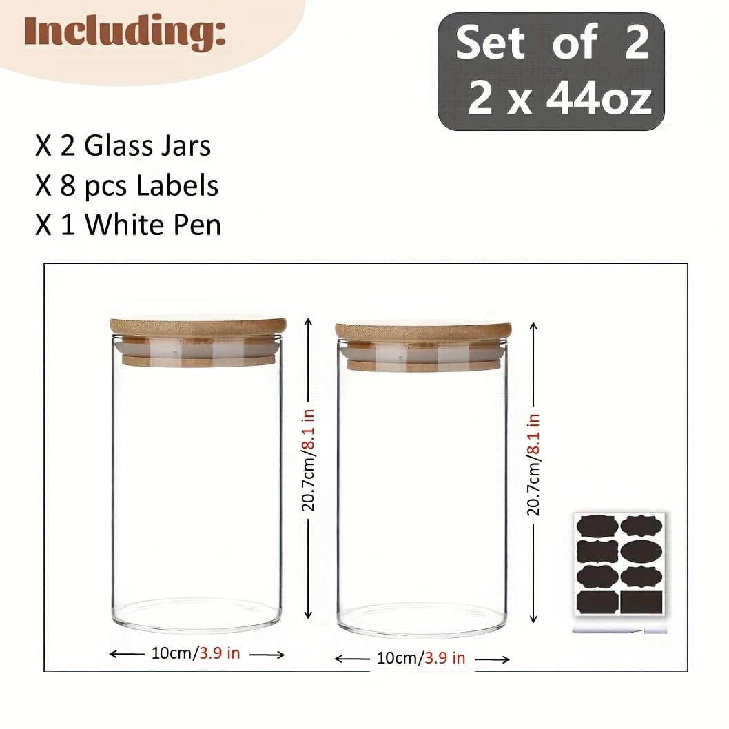 TEMU Set Of 2 44oz Glass Jars With Bamboo Lids, Perfect For Storing Candy, Sugar, Pasta, Oats, Coffee, Flour, , Featuring Airtight Seals For Organization