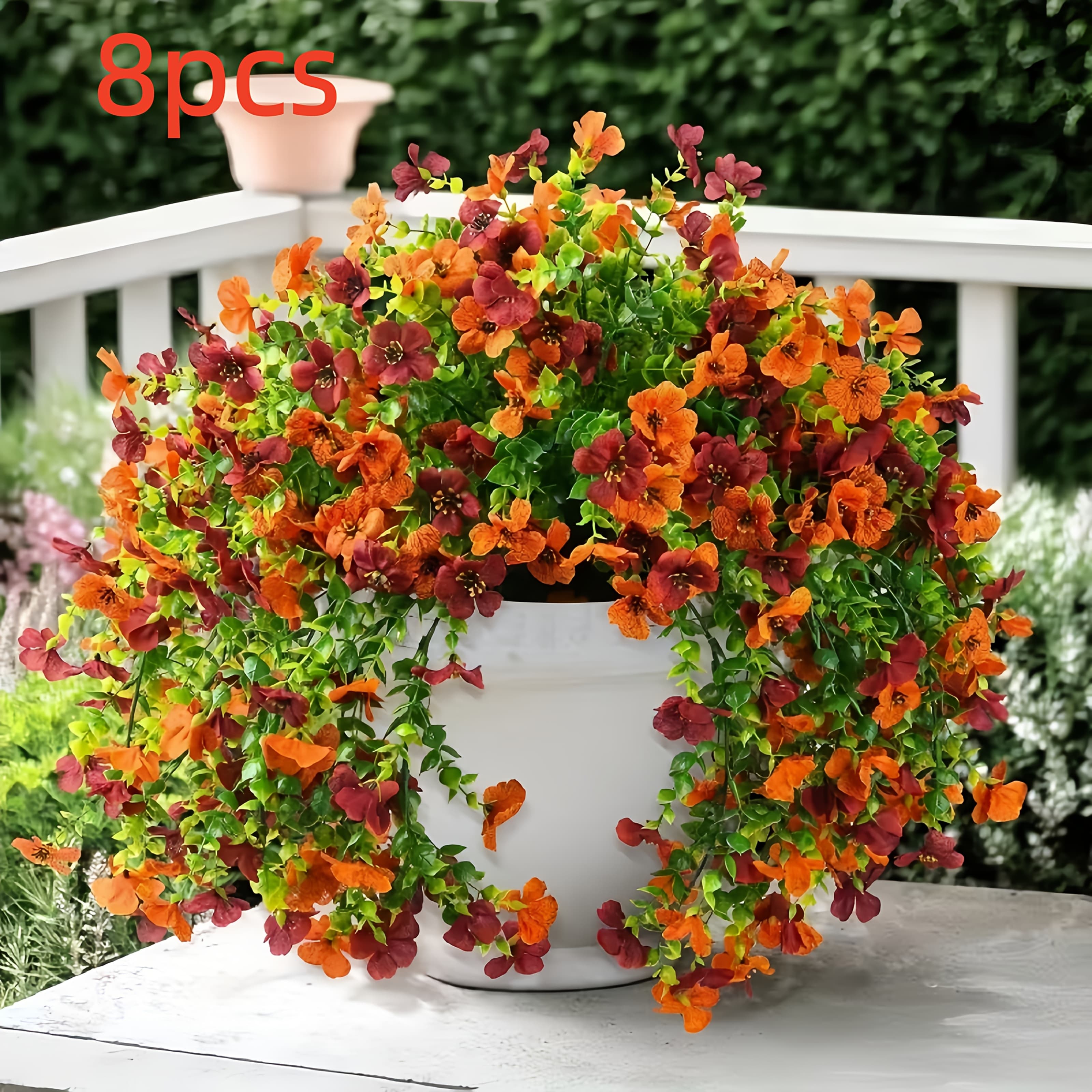 TEMU 2 Or 8 Pack Artificial Hanging Plants With Orange Flowers And Green Leaves In White Pot, Weather-resistant Indoor/outdoor Decor For Porch, Patio, Balcony. No-maintenance Faux Plants For Fall