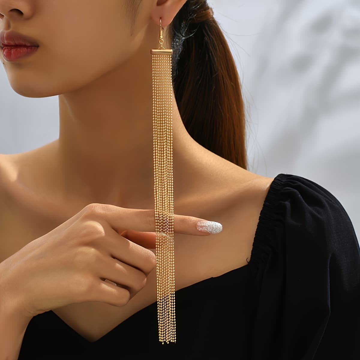 TEMU A Pair Of Stylish And Elegant Multi-layered Long Tassel Earrings With A Beaded Chain