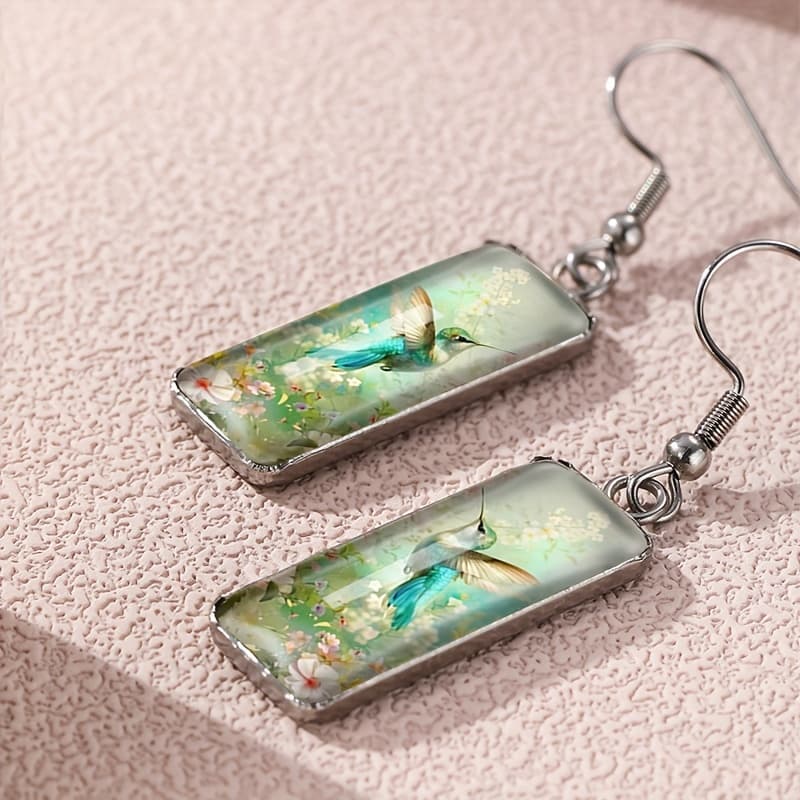 TEMU Hummingbird Illustration Rectangular Hook Pendant Earrings Glass Jewelry Earrings Men's Jewelry Gifts